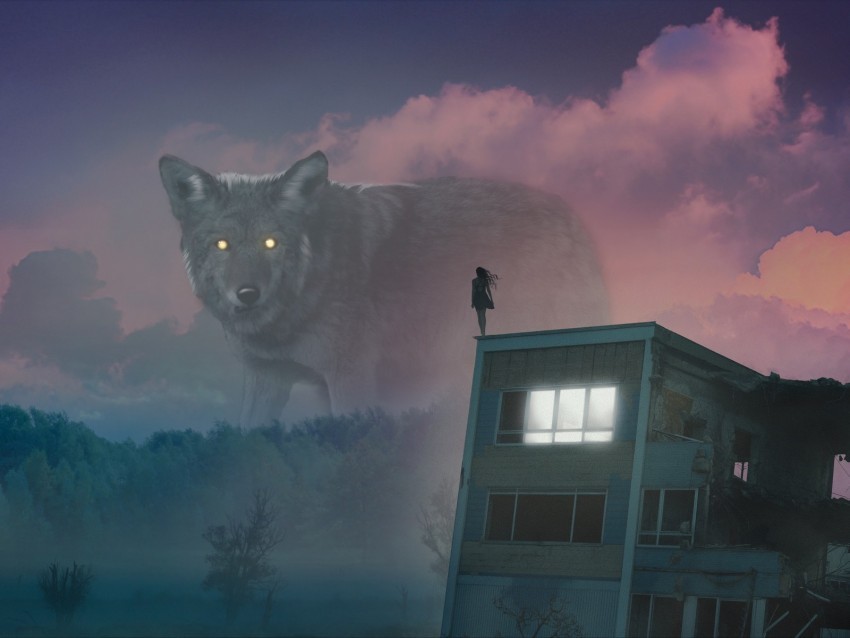 wolf giant girl roof fog illusion PNG graphics with transparency 4k wallpaper