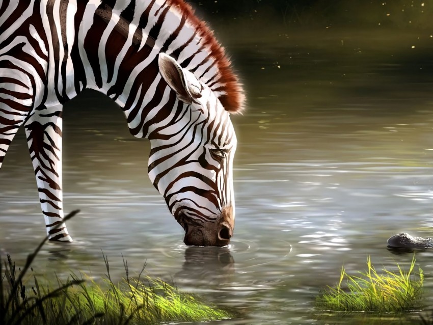 zebra lake art animal wildlife Free PNG download no background 4k wallpaper
