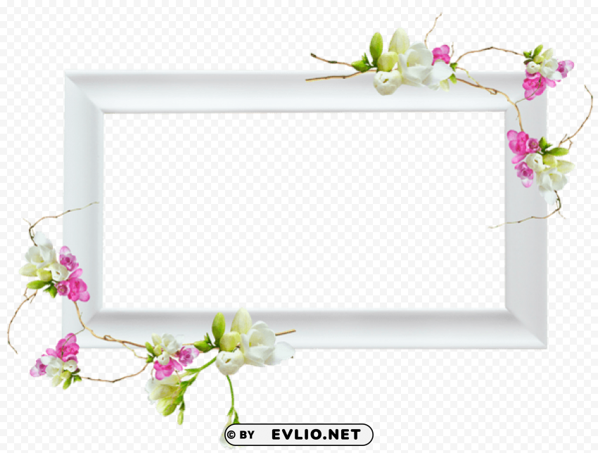 white frame with pink flowers Transparent Background PNG Isolation