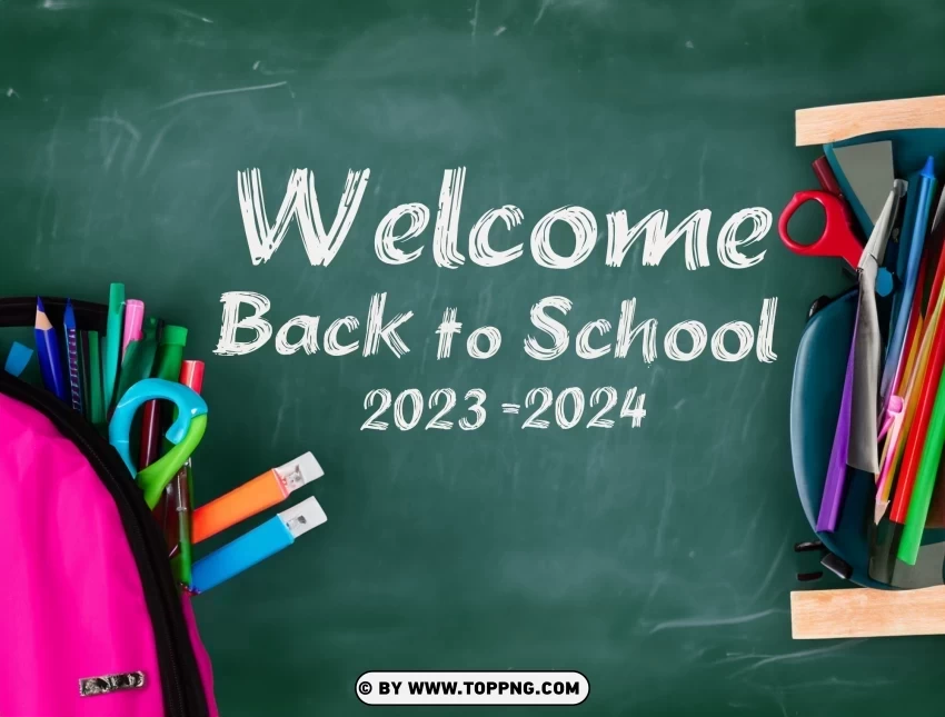 Back to School 2023 2024 Blackboard with Backpack and Supplies PNG graphics with transparency