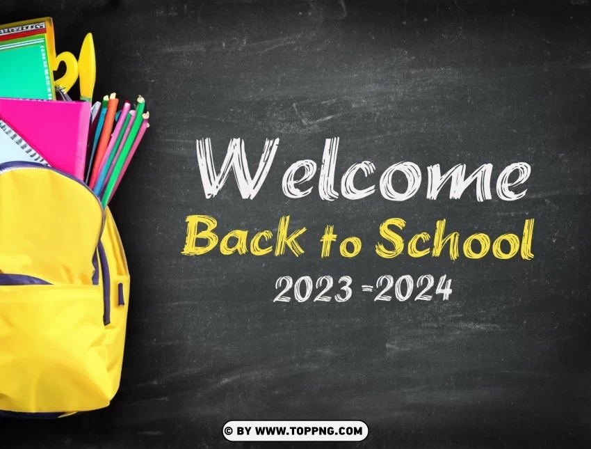 HD 2023 2024 Back to School Blackboard with Backpack and Supplies Background PNG Image Isolated on Clear Backdrop