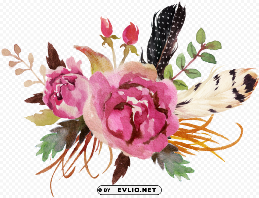 Flower And Feather Watercolor PNG Image Isolated With Transparent Detail