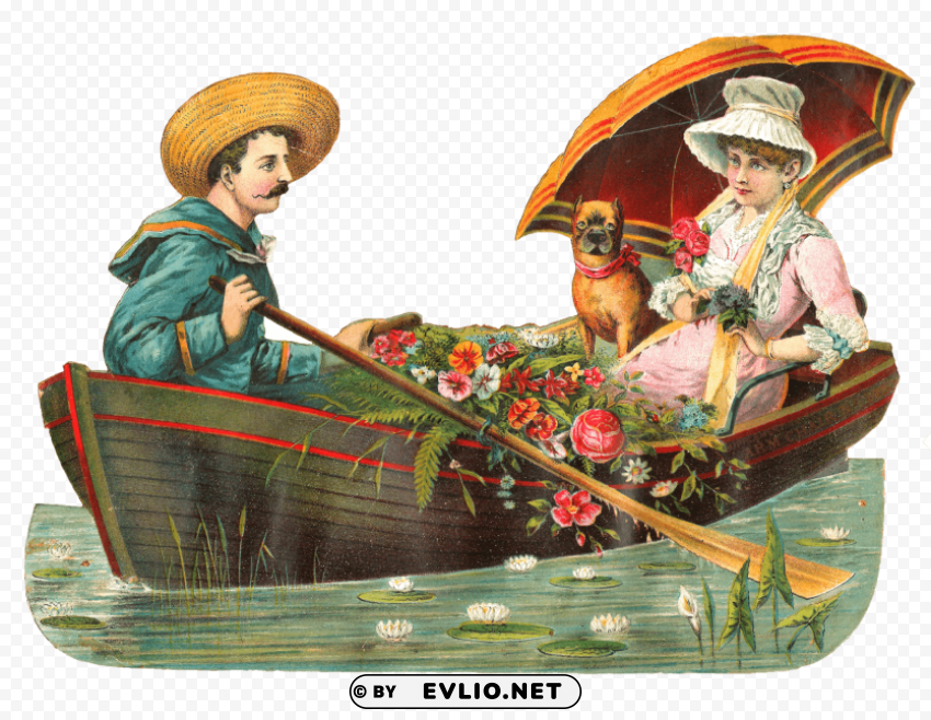 couple on a boat with dog victorian vintage Transparent PNG Isolated Graphic Design