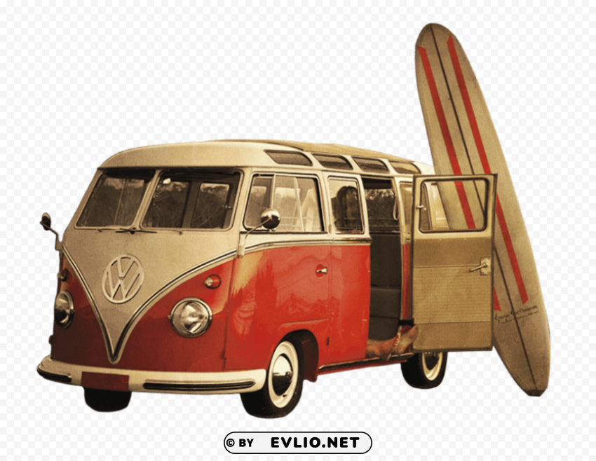 volkswagen camper van and surf board Isolated Artwork on Transparent Background PNG