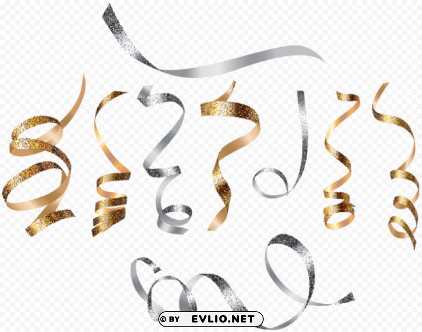 Gold Silver Curly Ribbons Transparent Clean Background Isolated PNG Object