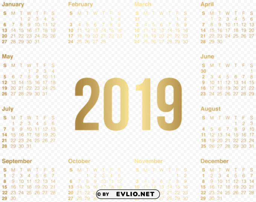 2019 transparent gold calendar PNG files with clear background bulk download