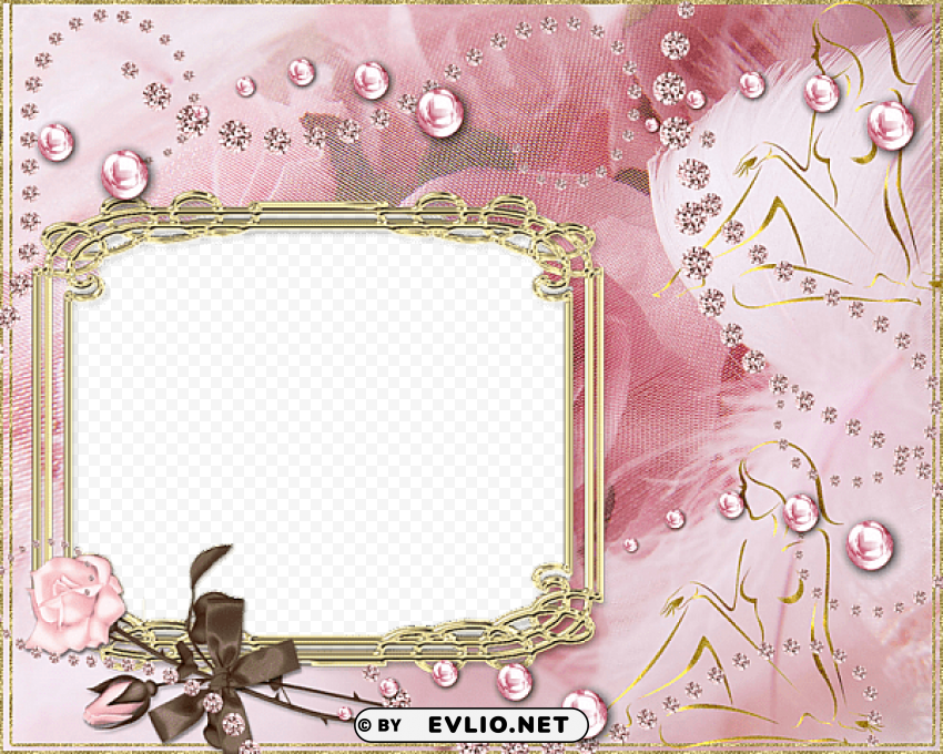 pink transparent frame with roses and gold silhouette of woman Clear image PNG