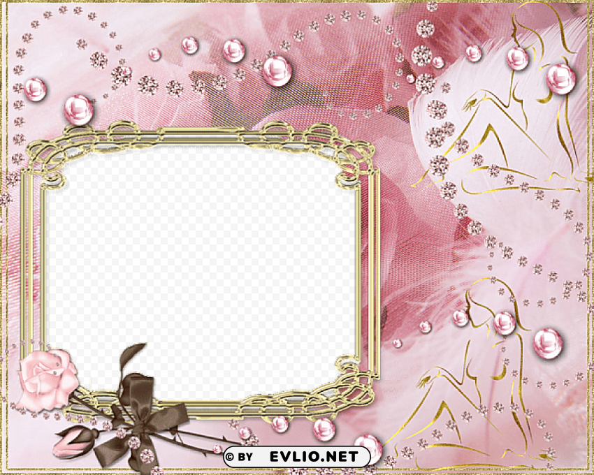 Pink Transparent Frame With Roses And Gold Silhouette Of Woman Clear Pics PNG