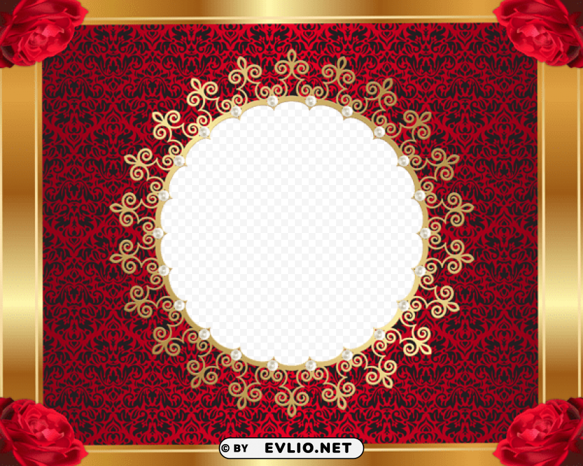 red and goldframe with roses PNG Isolated Object on Clear Background