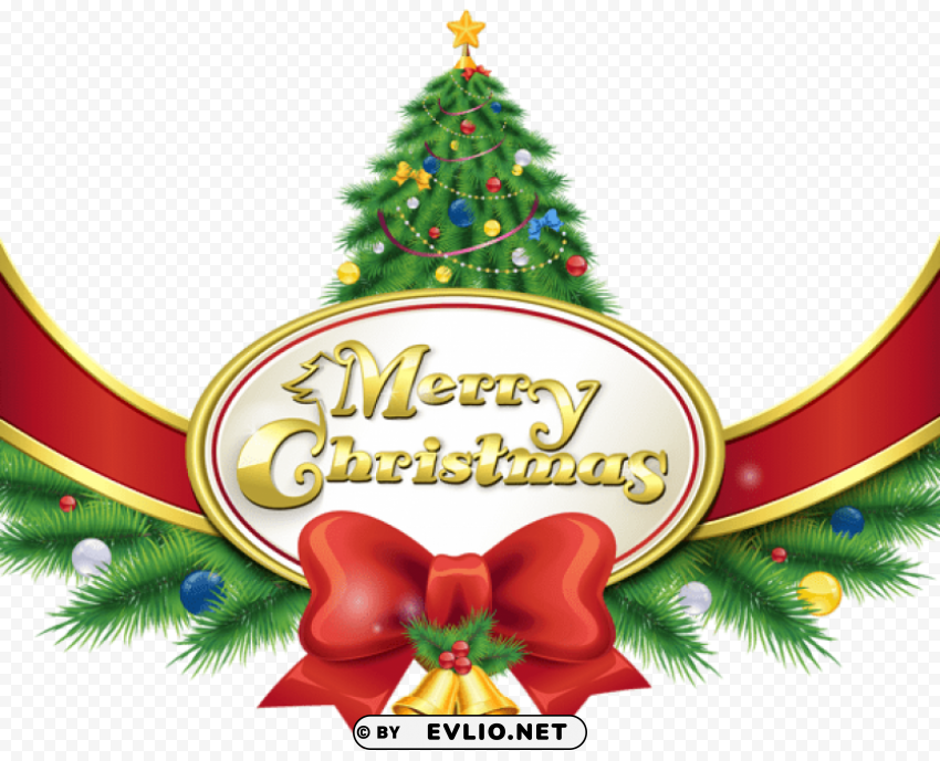 merry christmas with tree and bow Isolated PNG Image with Transparent Background