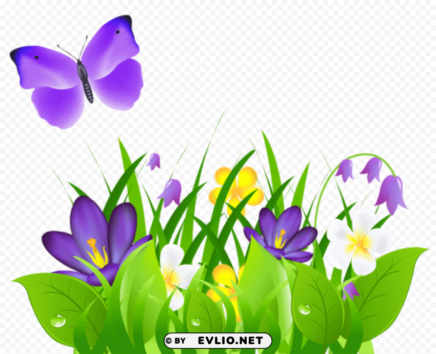 purple flowers grass and butterflypicture Isolated Graphic on HighQuality Transparent PNG