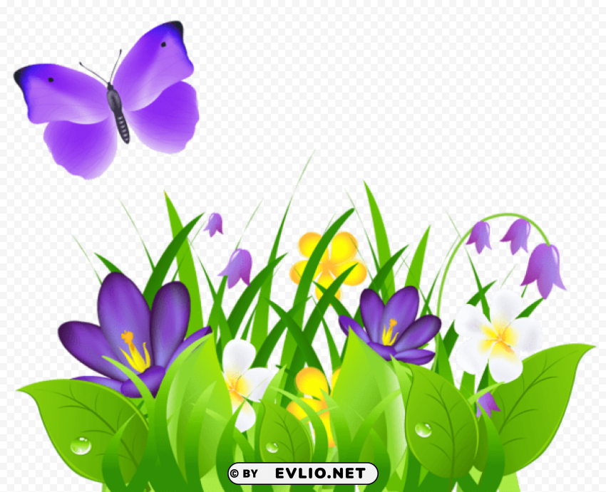 Purple Flowers Grass And Butterflypicture Isolated Graphic On HighQuality Transparent PNG