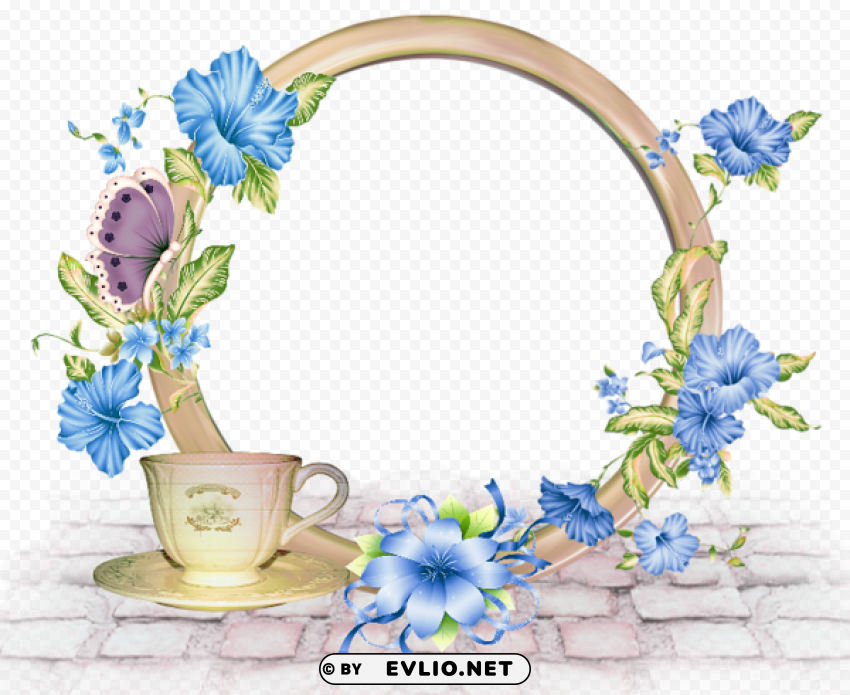 cute round -photo frame with blue flowers Clear background PNG images diverse assortment