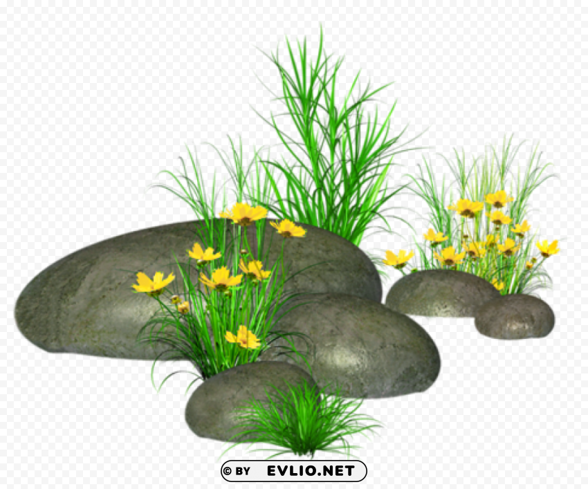 stones with grass and yellow flowers Isolated Subject with Clear Transparent PNG