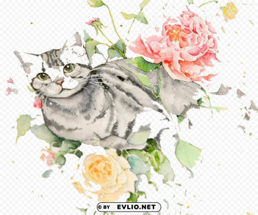 cat with flowers drawing PNG Isolated Design Element with Clarity PNG transparent with Clear Background ID 38c37fbf