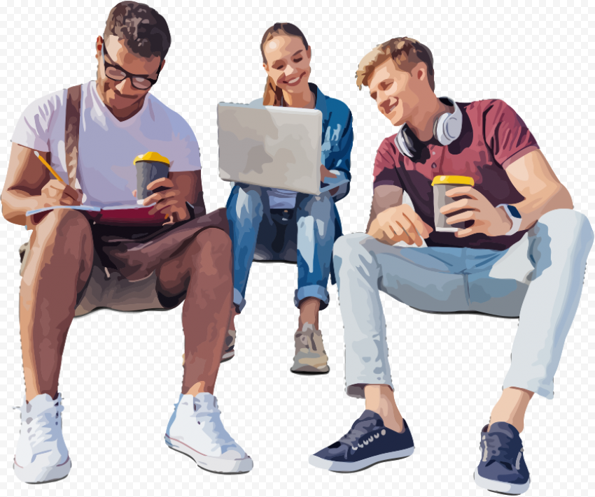 cut out students group sitting and working - students cutout Transparent Background PNG Isolated Art