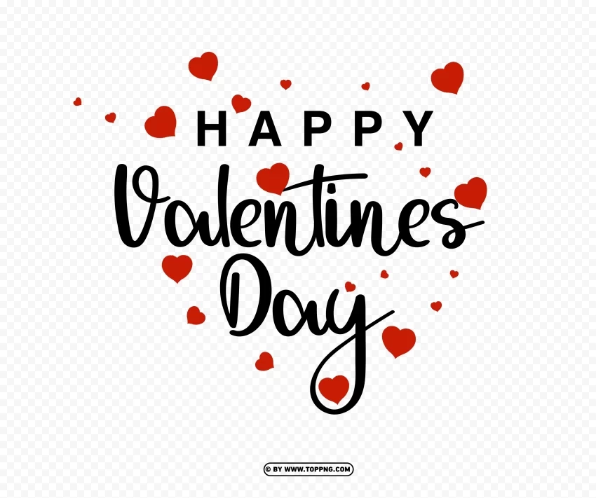 happy valentines day handwritten calligraphic lettering with red hearts Isolated Graphic with Clear Background PNG