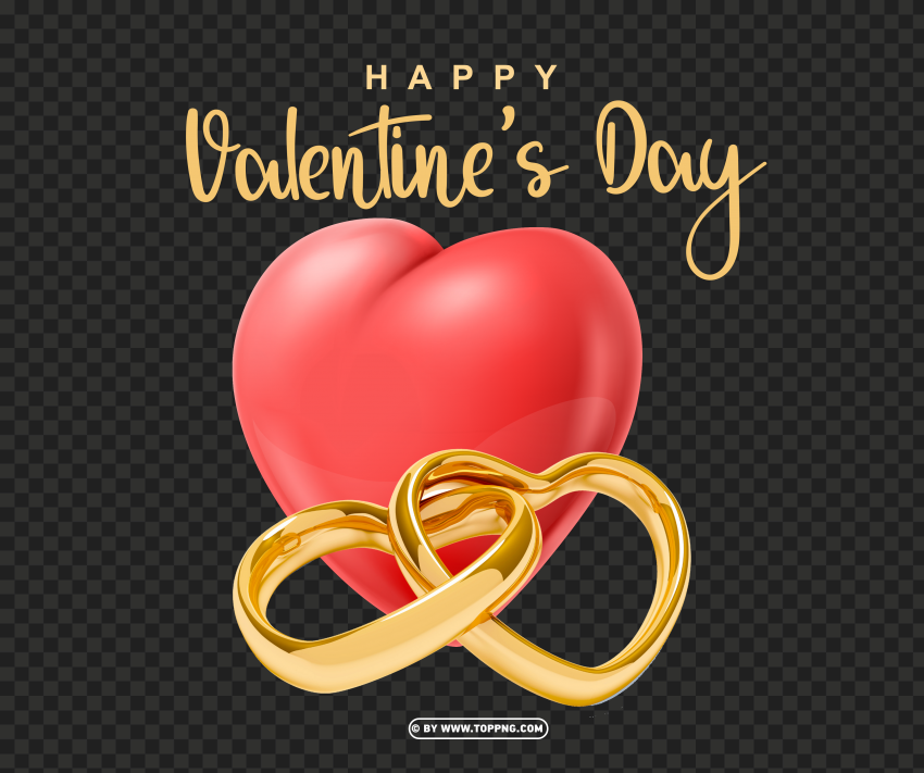 Happy Valentine's Day Two heart shaped gold rings PNG artwork with transparency