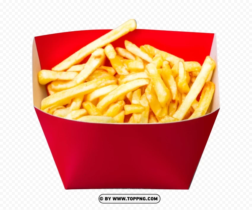 HD French Fries Packaging Clear Red Kraft Box with Fries Transparent Background Isolation in PNG Image