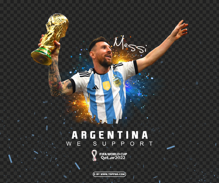 lionel messi lifts the fifa world cup trophy 2022 design PNG images with alpha transparency layer