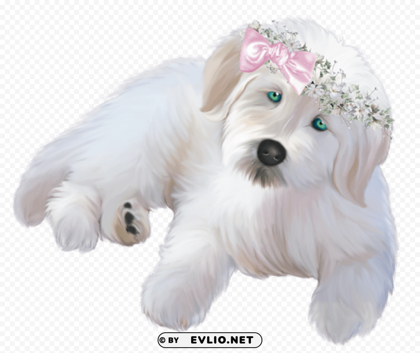 white puppy with pink ribbon Isolated Illustration with Clear Background PNG