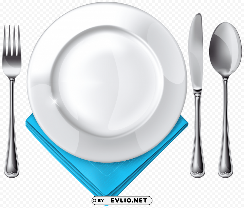 plate spoon knife fork and blue napkin PNG Graphic Isolated on Clear Background Detail