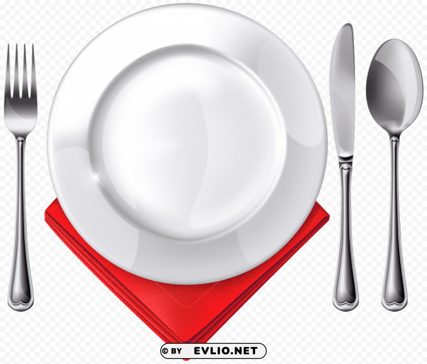 plate spoon knife fork and red napkin PNG Graphic Isolated on Transparent Background