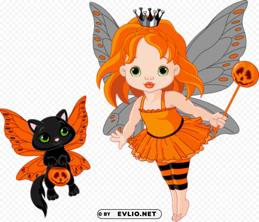 transparent halloween fairy and cat Clean Background PNG Isolated Art