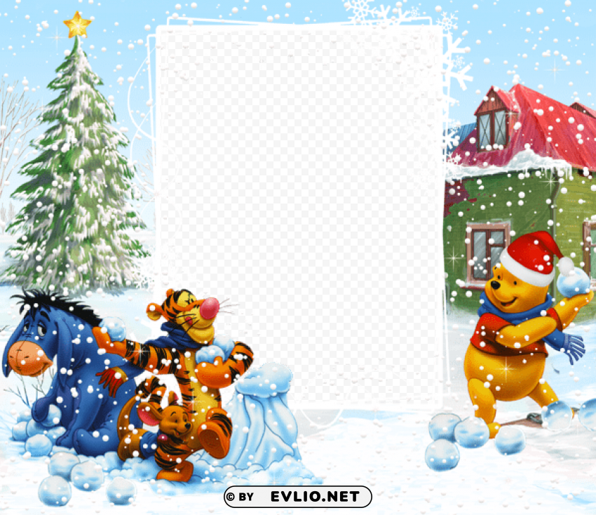 winnie the pooh winter holiday kids frame PNG with transparent backdrop