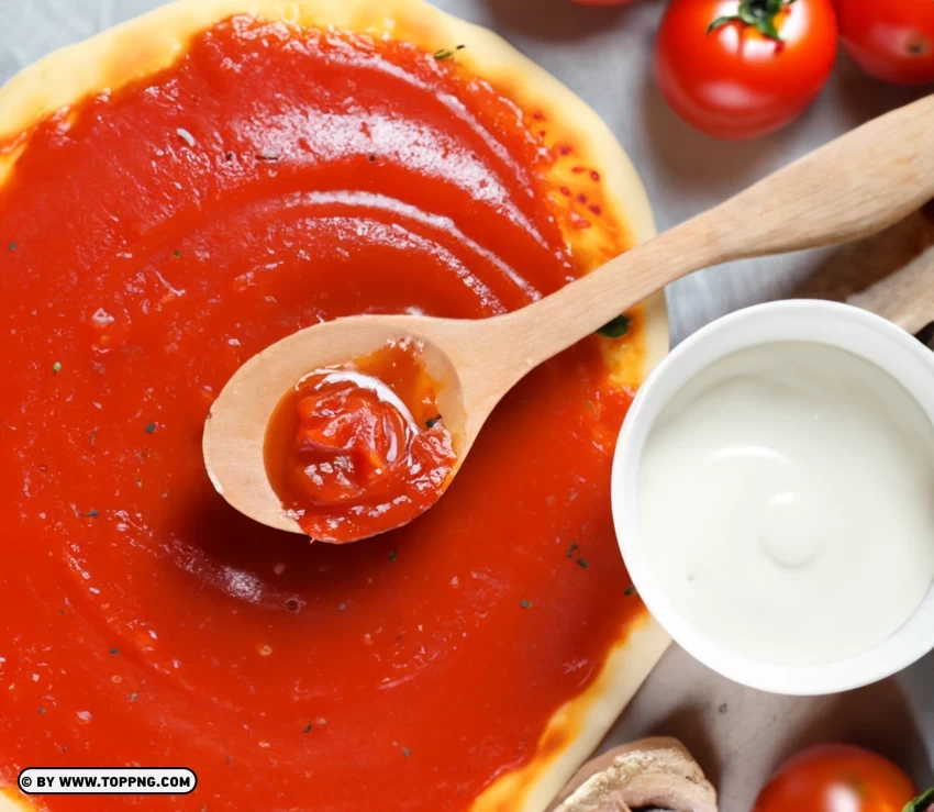 Spreading Fresh Tomato Sauce on Pizza Dough Background PNG download free