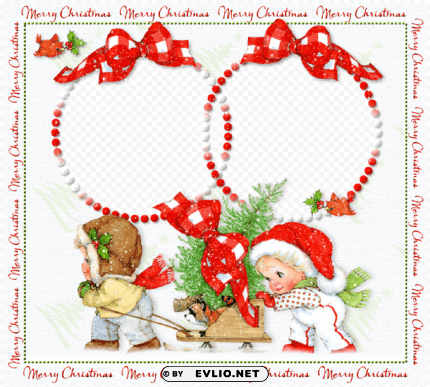 merry christmas snowy photo frame with kids Transparent Background PNG Isolated Element