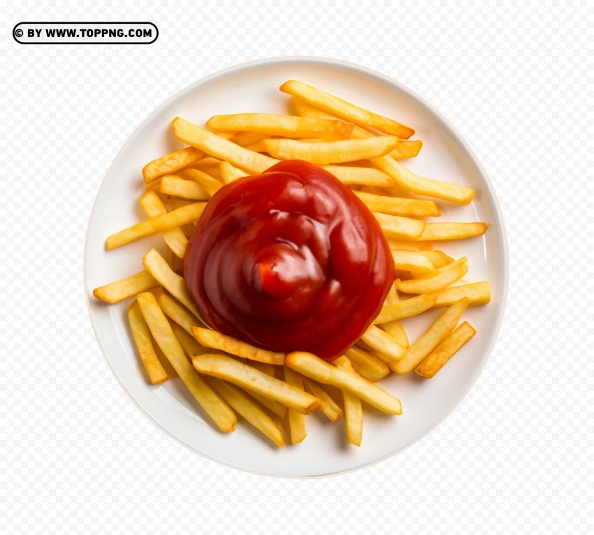 Top View Of French Fries With ketchup On Ceramic Plate Transparent Background PNG Isolated Art