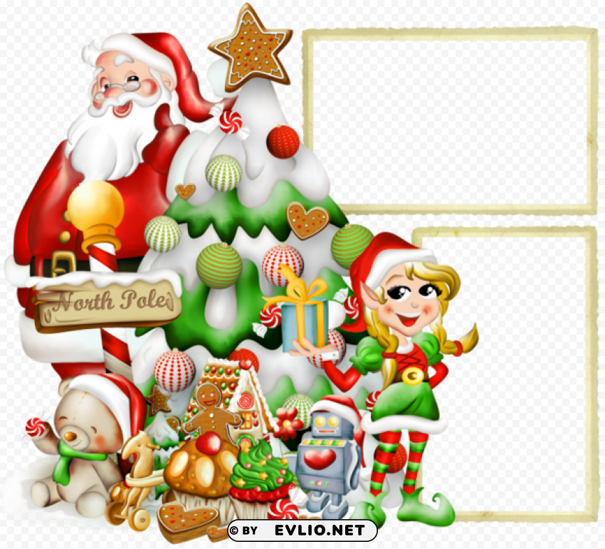 transparent christmasframe with elf and santa claus PNG with no background required