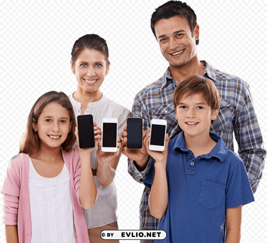 family with cell phones PNG images for graphic design