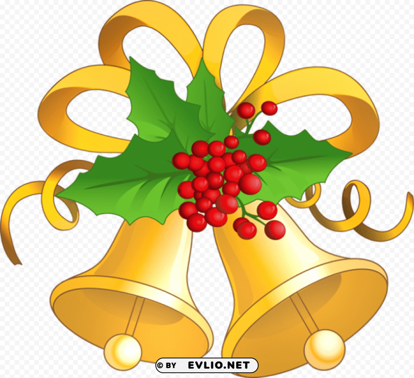  Christmas Gold Bells With Mistletoe Isolated Character In Transparent Background PNG