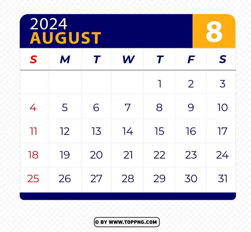 August 2024 Calendar Vector Page with HD Background Isolated Item in Transparent PNG Format