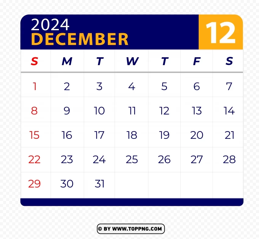 December 2024 Calendar Vector Page with HD Transparent Isolated Item on Clear Background PNG