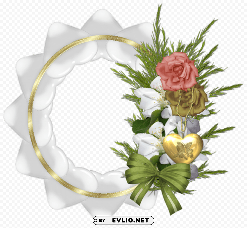 gold transparent round frame with white hearts and roses Clear Background PNG Isolated Design