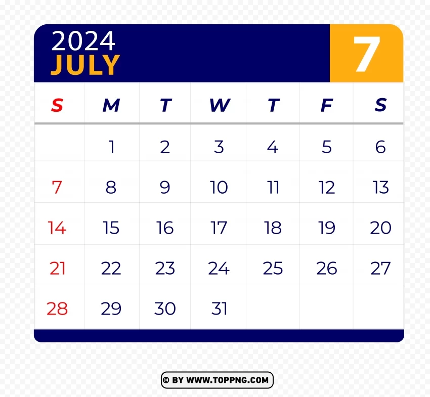 July 2024 Calendar Vector Page with HD Isolated Item on HighResolution Transparent PNG