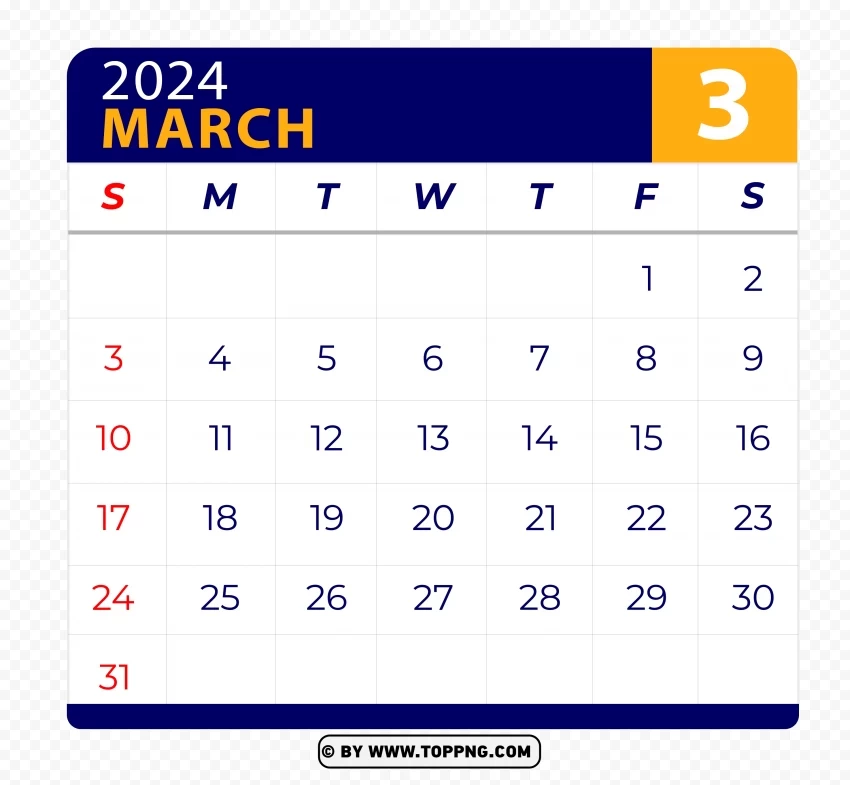 March 2024 Calendar Page Template Background Isolated Item on Transparent PNG Format
