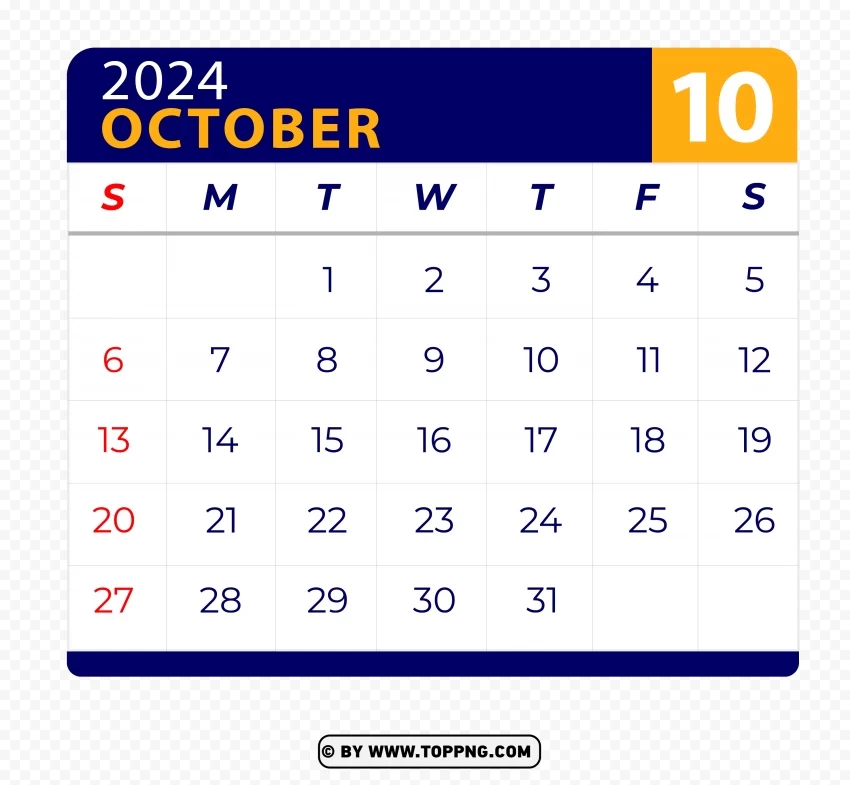 October 2024 Calendar Vector Page with HD Isolated Item with Transparent Background PNG