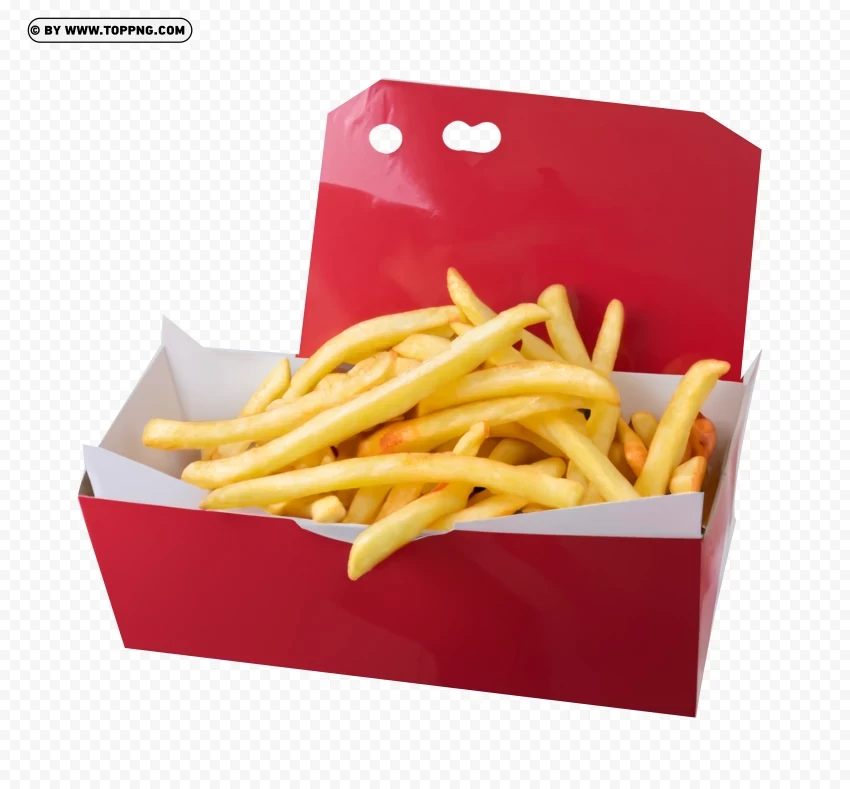 High Resolution Crispy French Fries in Red Kraft Box Transparent Background Isolation in HighQuality PNG