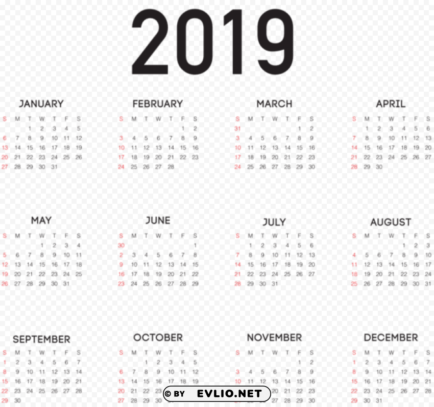 2019 calendar large Isolated Subject on Clear Background PNG