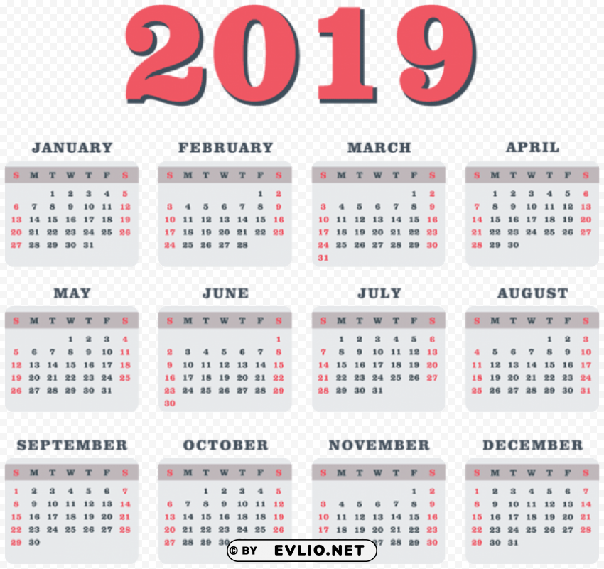 2019 calendar red PNG files with alpha channel