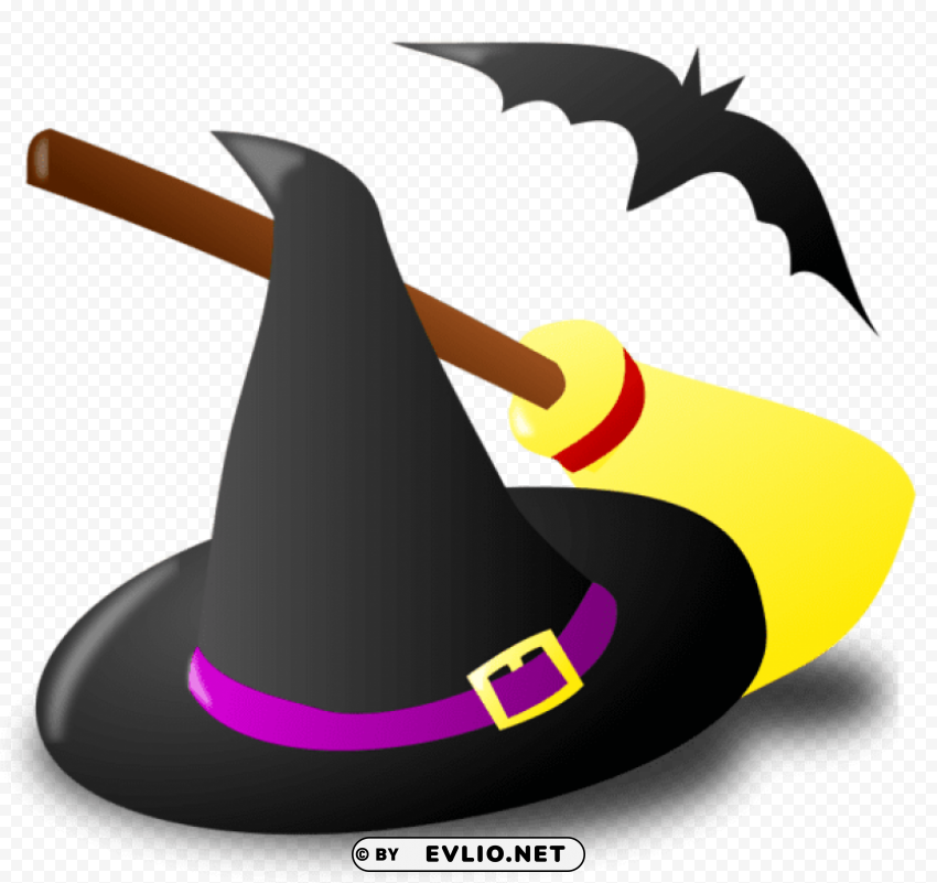 halloween witch hat broom and bat PNG images with alpha transparency diverse set