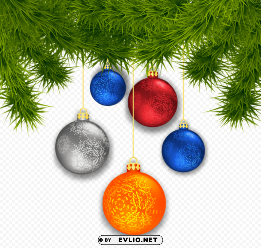 pine branches with christmas balls PNG high quality