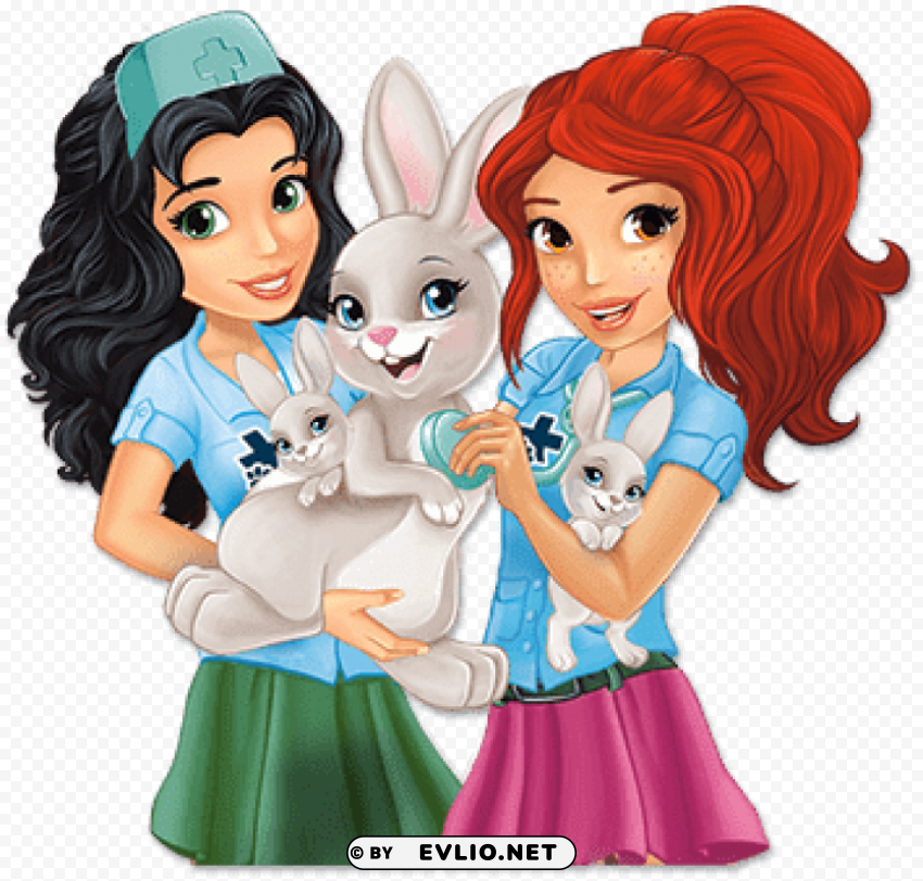 lego friends taking care of rabbits Isolated Graphic on Clear Background PNG