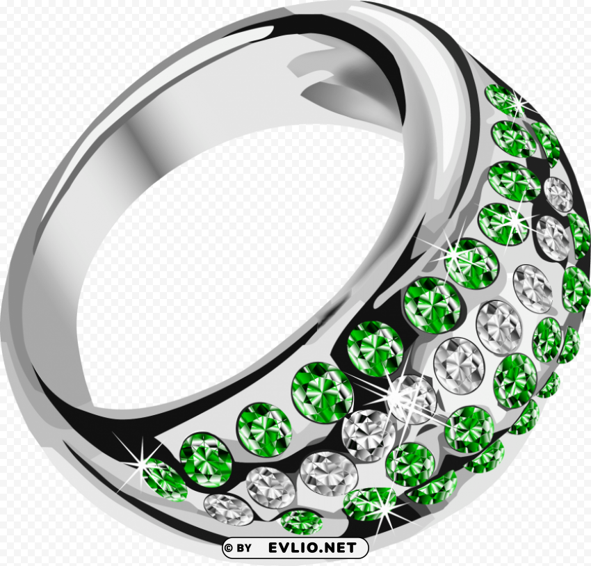 silver ring with green diamond PNG for business use
