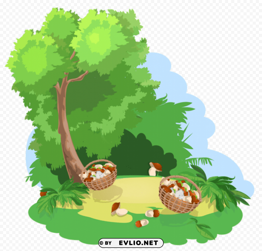 PNG image of decoration with tree and baskets of mushrooms PNG images with alpha transparency wide collection with a clear background - Image ID 34c3f490