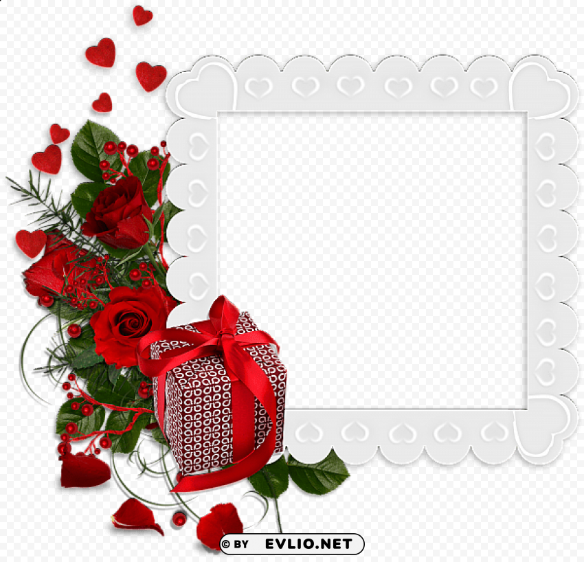 beautiful white frame with hearts and red roses and gift PNG images with transparent canvas variety